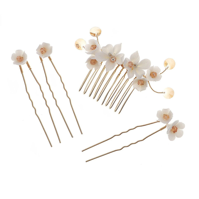 Bridal White Ceramic Flower 4 PC Hair Pin Set, Floral Hair Comb and 3 Hairpins Set, Bridesmaid Head Piece, Wedding Flower Hairpin Set - KaleaBoutique.com