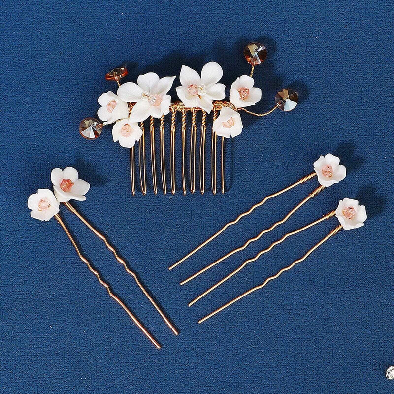 Bridal White Ceramic Flower 4 PC Hair Pin Set, Floral Hair Comb and 3 Hairpins Set, Bridesmaid Head Piece, Wedding Flower Hairpin Set - KaleaBoutique.com