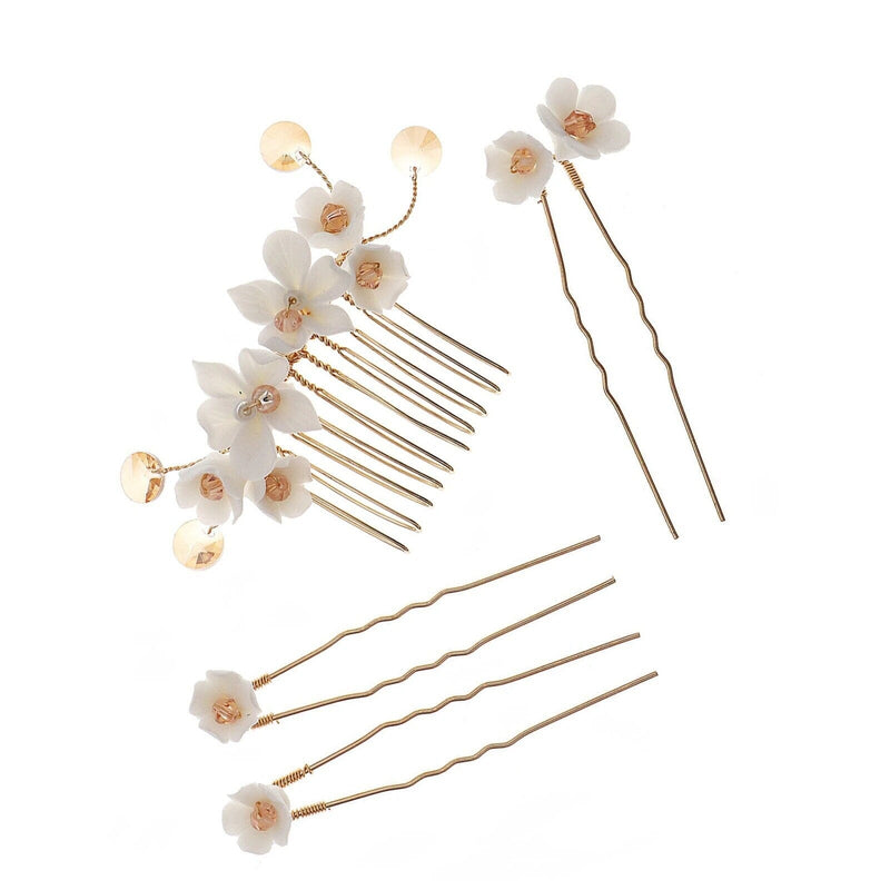 Bridal White Ceramic Flower 4 PC Hair Pin Set, Floral Hair Comb and 3 Hairpins Set, Bridesmaid Head Piece, Wedding Flower Hairpin Set - KaleaBoutique.com