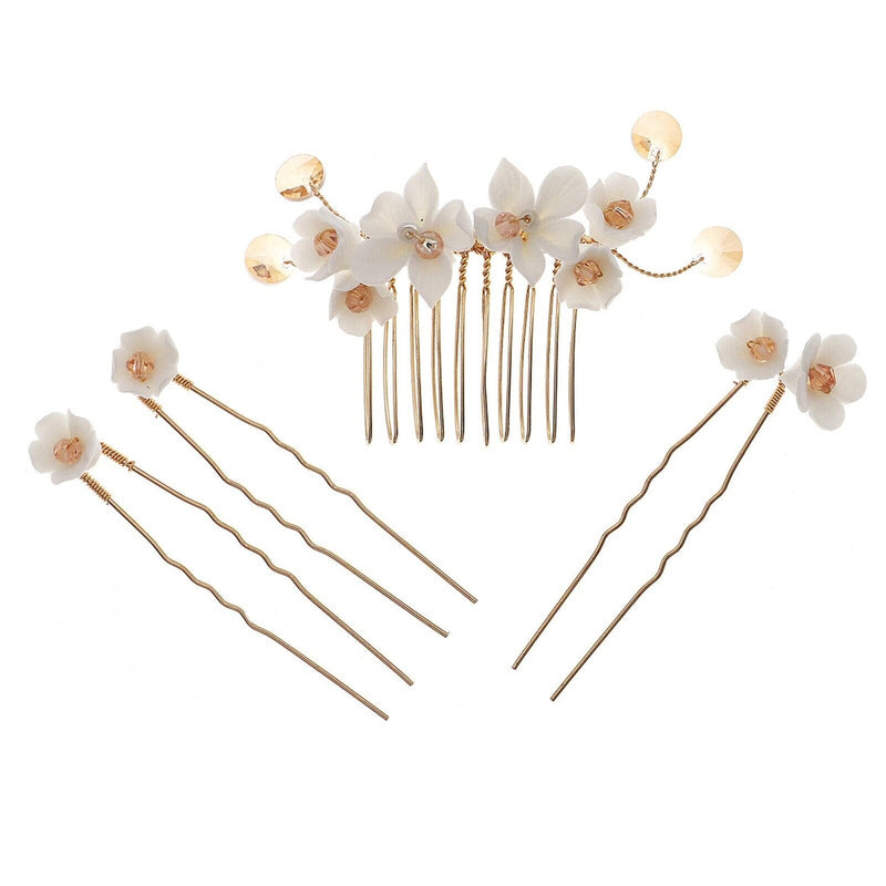 Bridal White Ceramic Flower 4 PC Hair Pin Set, Floral Hair Comb and 3 Hairpins Set, Bridesmaid Head Piece, Wedding Flower Hairpin Set - KaleaBoutique.com