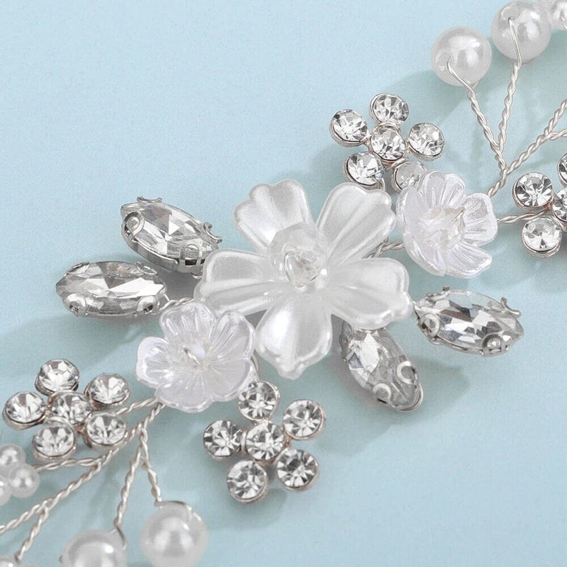 Bridal White Flower Bracelet, Floral Pearl Wire Bracelet, Wedding Crystal Leaf Bracelet, Wedding Floral Rhinestone Bracelet for Bride - KaleaBoutique.com