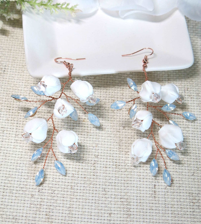 Bride Ceramic Flower Earrings, Opal Crystal Leaf Earrings, Wedding Rose Gold Dangles, Hand Wired White Floral Bridal Tassel Earrings - KaleaBoutique.com