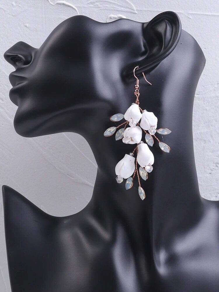 Bride Ceramic Flower Earrings, Opal Crystal Leaf Earrings, Wedding Rose Gold Dangles, Hand Wired White Floral Bridal Tassel Earrings - KaleaBoutique.com