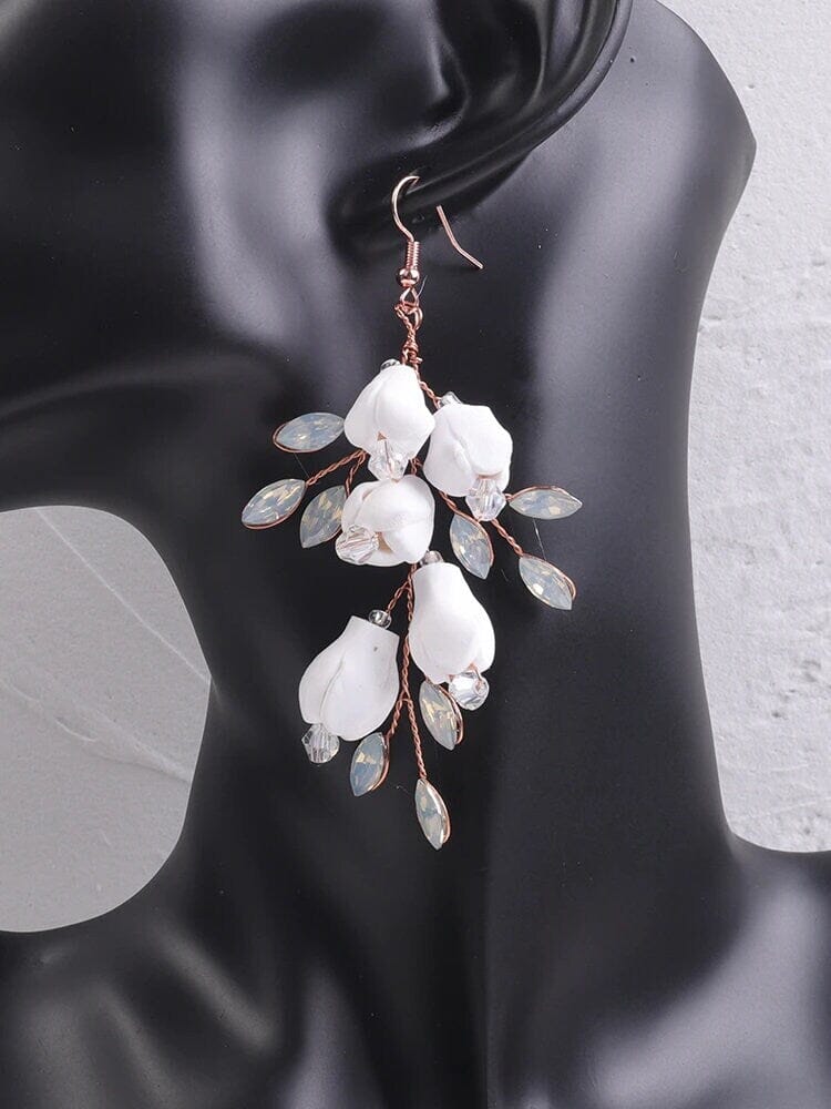 Bride Ceramic Flower Earrings, Opal Crystal Leaf Earrings, Wedding Rose Gold Dangles, Hand Wired White Floral Bridal Tassel Earrings - KaleaBoutique.com