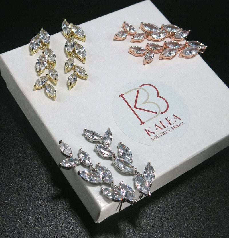 Bridesmaid Crystal Leaf Earrings, Wedding CZ Diamond Dangle 14K Gold Plated Stud Earrings, Bridal Crystal Leaf Tassel Gem Ear Studs - KaleaBoutique.com