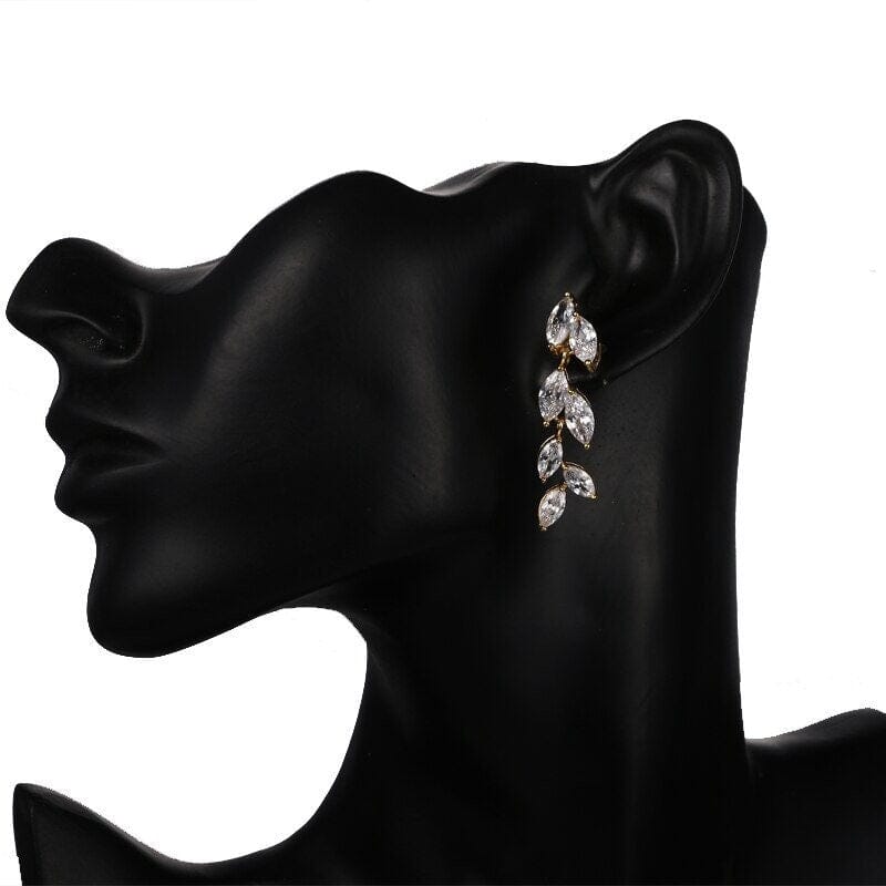 Bridesmaid Crystal Leaf Earrings, Wedding CZ Diamond Dangle Studs, 14K Gold Plated Stud Earrings, Bridal Fashion Earrings - KaleaBoutique.com