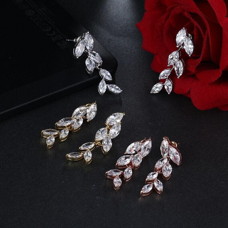 Bridesmaid Crystal Leaf Earrings, Wedding CZ Diamond Dangle Studs, 14K Gold Plated Stud Earrings, Bridal Fashion Earrings - KaleaBoutique.com