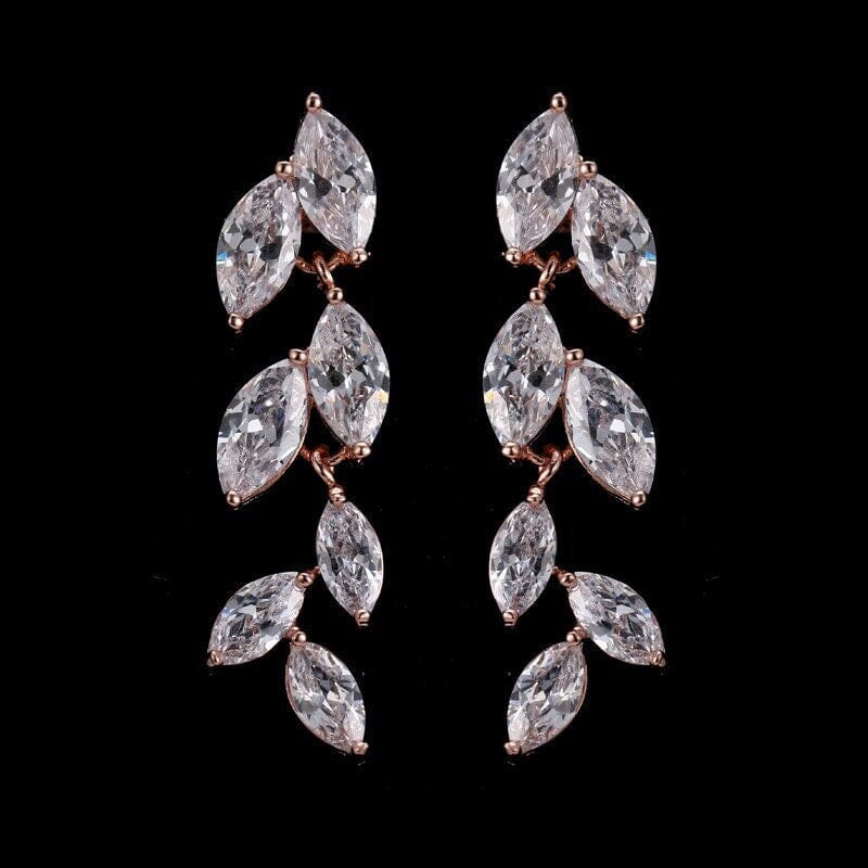 Bridesmaid Crystal Leaf Earrings, Wedding CZ Diamond Dangle Studs, 14K Gold Plated Stud Earrings, Bridal Fashion Earrings - KaleaBoutique.com