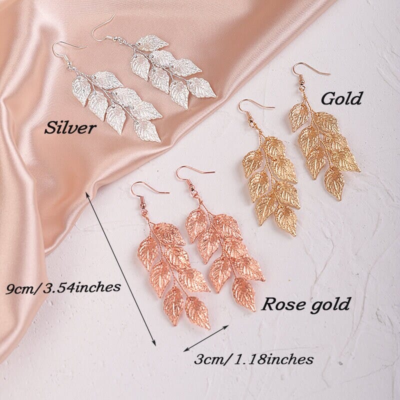 Bridesmaid Embossed Leaf Earrings, Bridal Long Layered Earrings, Handmade Bridal Boho Golf Leaf Earrings or Hairclip - KaleaBoutique.com