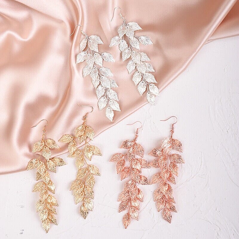 Bridesmaid Embossed Leaf Earrings, Bridal Long Layered Earrings, Handmade Bridal Boho Golf Leaf Earrings or Hairclip - KaleaBoutique.com