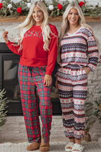 KaleaBoutique Comfortable Plaid Mama Graphic Christmas Holiday Crewneck Pullover and Pants Two Piece Lounge Set - KaleaBoutique.com