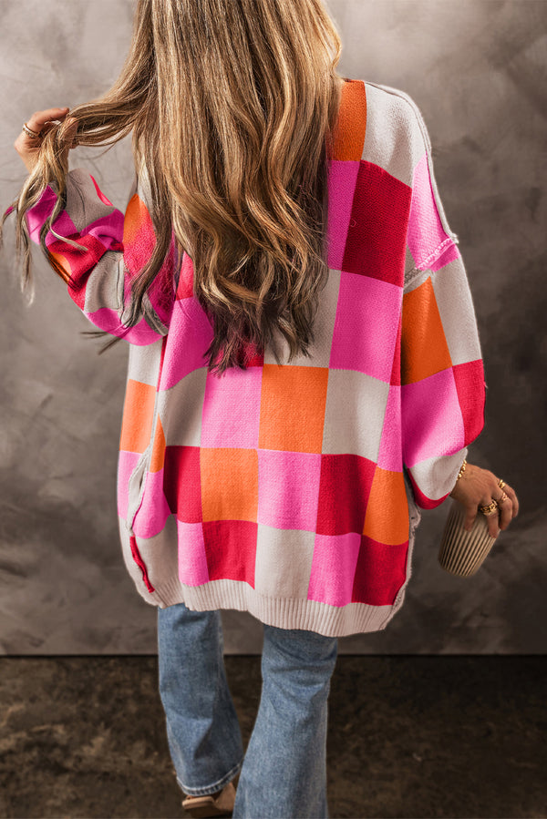 KaleaBoutique Stylish Light Checkered Drop Shoulder Exposed Seam Open Front Cardigan - KaleaBoutique.com