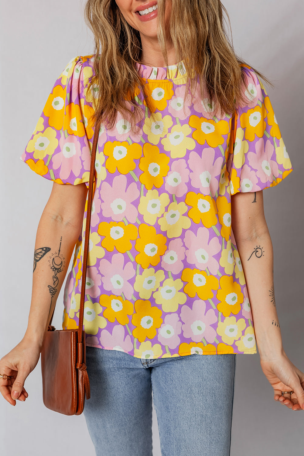 KaleaBoutique Stylish Frilled Neck Puff Short Sleeve Flower Top - KaleaBoutique.com