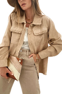 KaleaBoutique Solid Frilled Flap Pocket Button Up Corduroy Shacket - KaleaBoutique.com