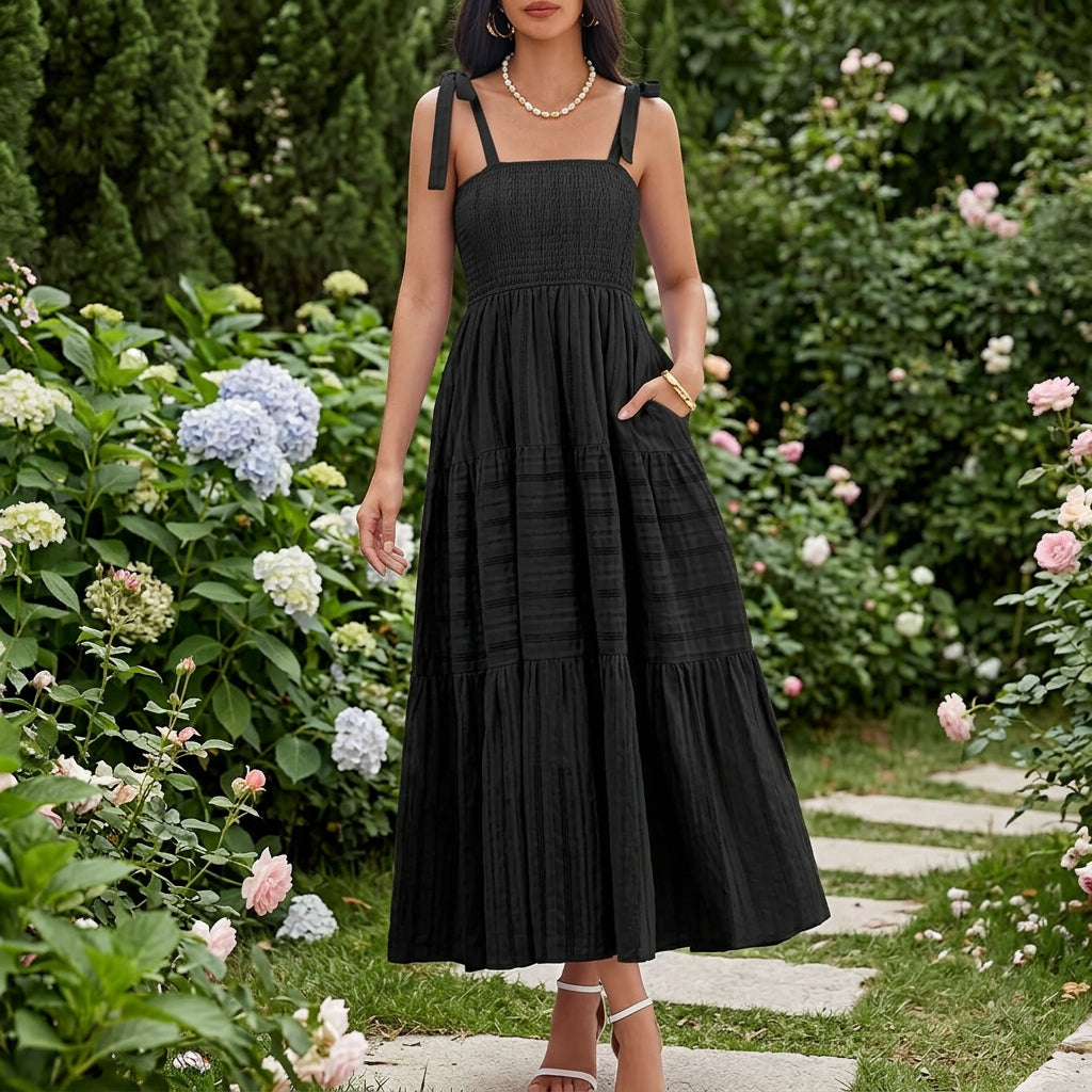 2026 Hot Summer Pleated A-Line Cami Long Dress With Pockets, Beach Vacation Style - KaleaBoutique.com