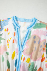 KaleaBoutique Stylish Floral Doodle Print Striped Trim V Neck Midi Dress - KaleaBoutique.com