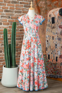 KaleaBoutique Comfortable Floral Print V Neck Contrast Trim Flutter Sleeve Long Dress - KaleaBoutique.com