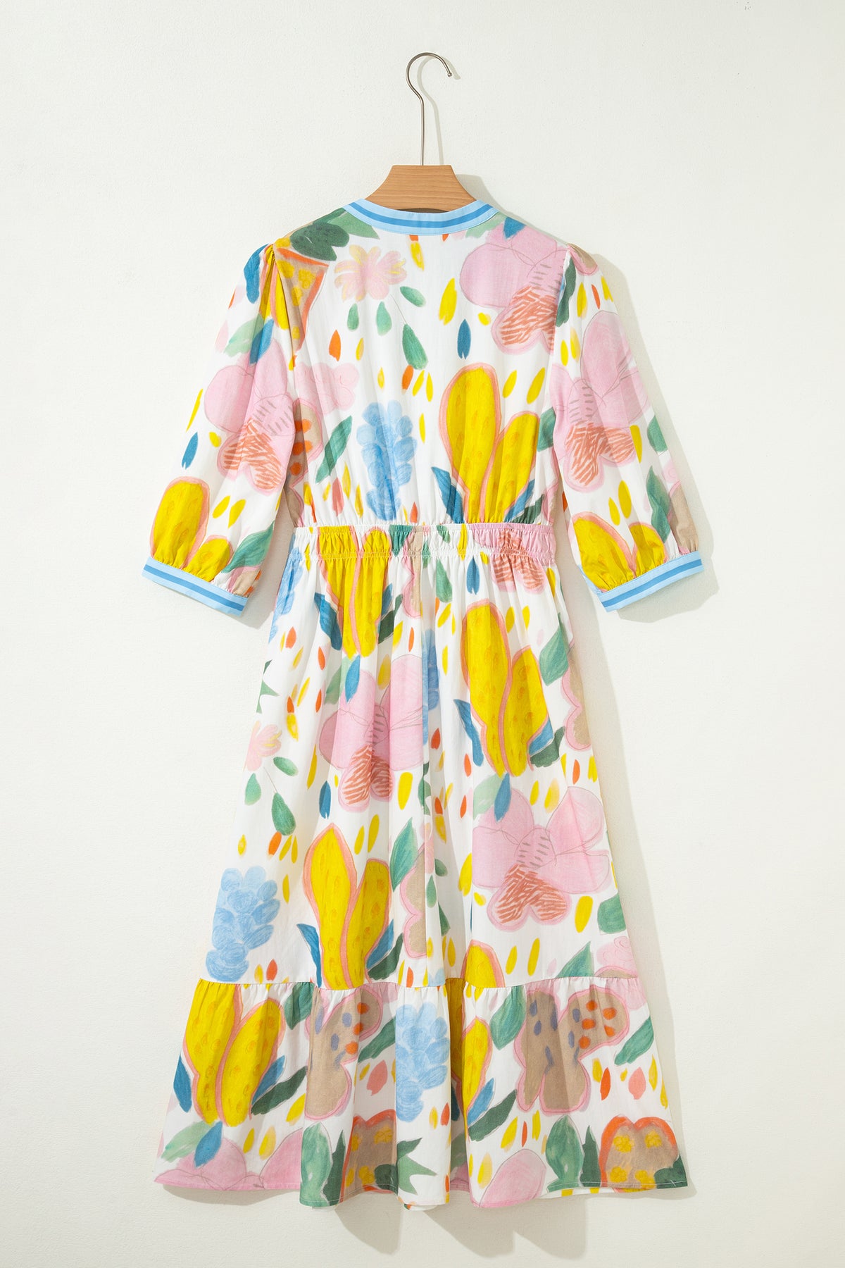 KaleaBoutique Stylish Floral Doodle Print Striped Trim V Neck Midi Dress - KaleaBoutique.com