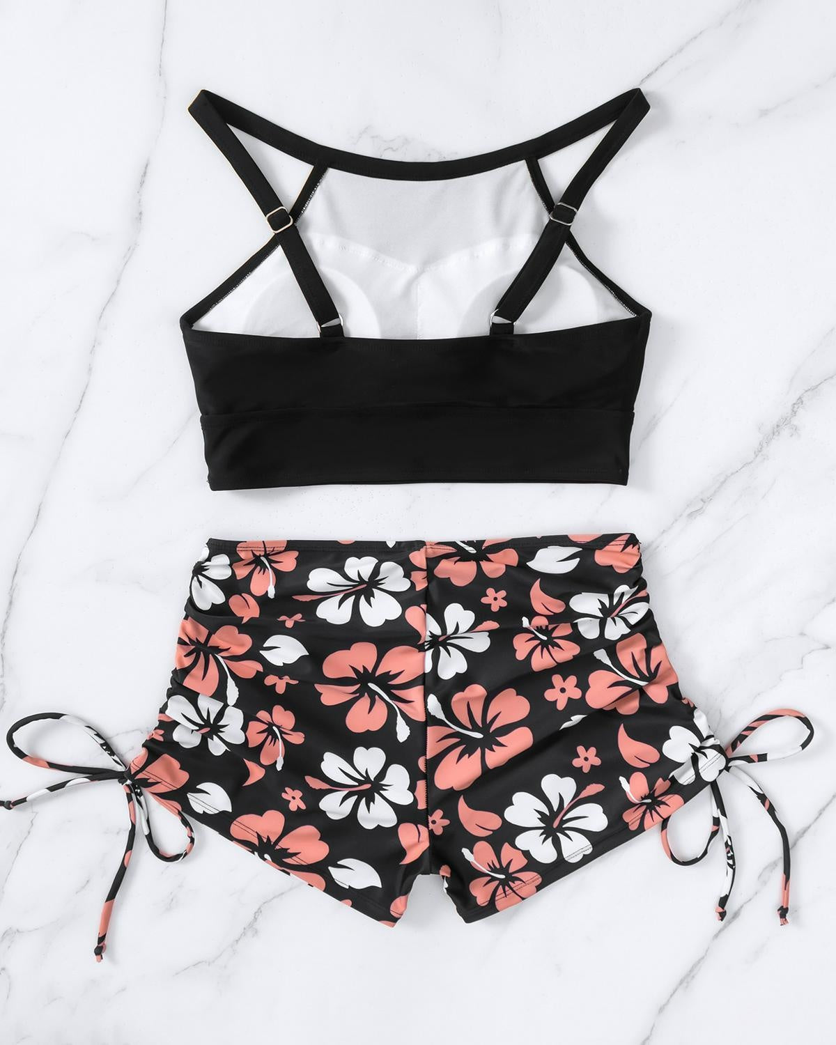 Women's High-Neck Swim Top and Floral Side-Tie Shorts 2 PC Tankini Set - KaleaBoutique.com