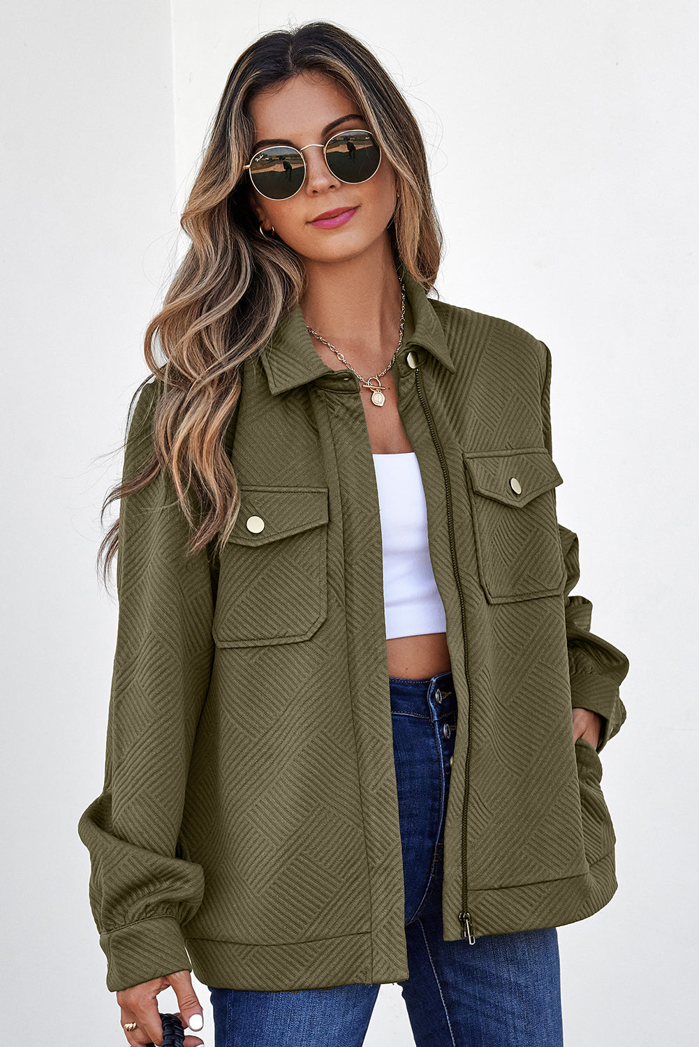 Solid Color Zip Up Button Flap Pocket Shirt Collar Jackets - KaleaBoutique.com