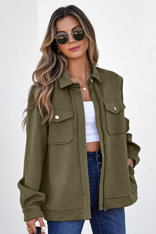 Stylish Solid Color Zip Up Button Flap Pocket Shirt Collar Jackets - KaleaBoutique.com