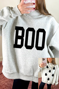 Light Grey BOO Ghost Print Reversible Mock Neck Halloween Sweatshirt - KaleaBoutique.com