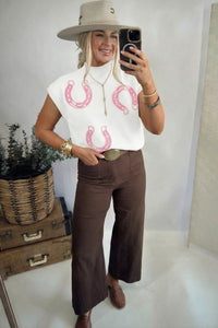 KaleaBoutique Stylish Corded Horseshoes Ribbed Trim Mock Neck Short Sleeve Sweater - KaleaBoutique.com
