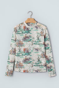 KaleaBoutique Stylish Western Print Long Sleeve Round Neck Slim Top - KaleaBoutique.com