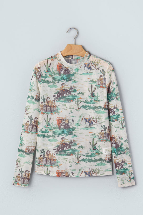 KaleaBoutique Stylish Western Print Long Sleeve Round Neck Slim Top - KaleaBoutique.com