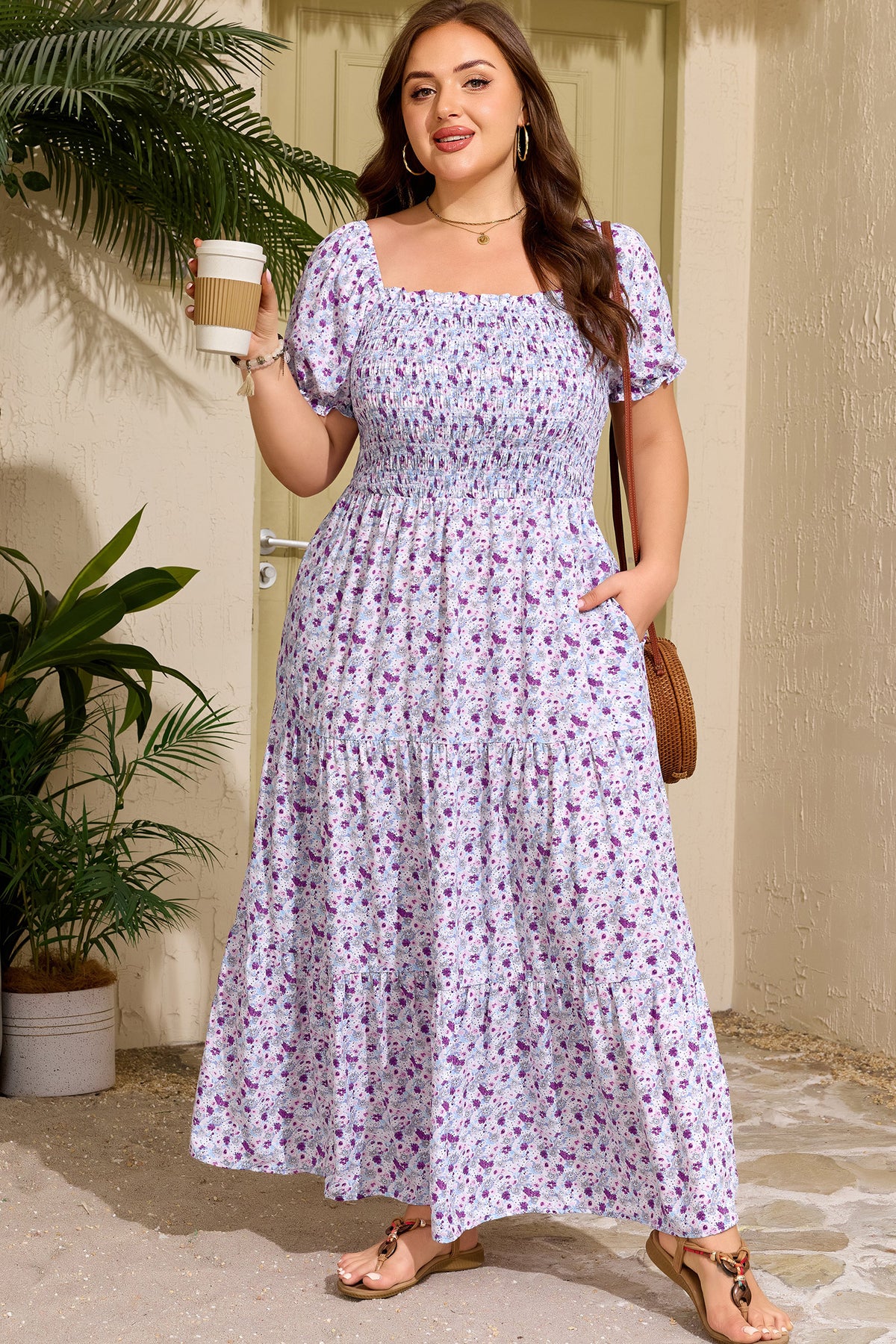 Purple Plus Size Floral Square-Neck Smocked Maxi Dress - KaleaBoutique.com