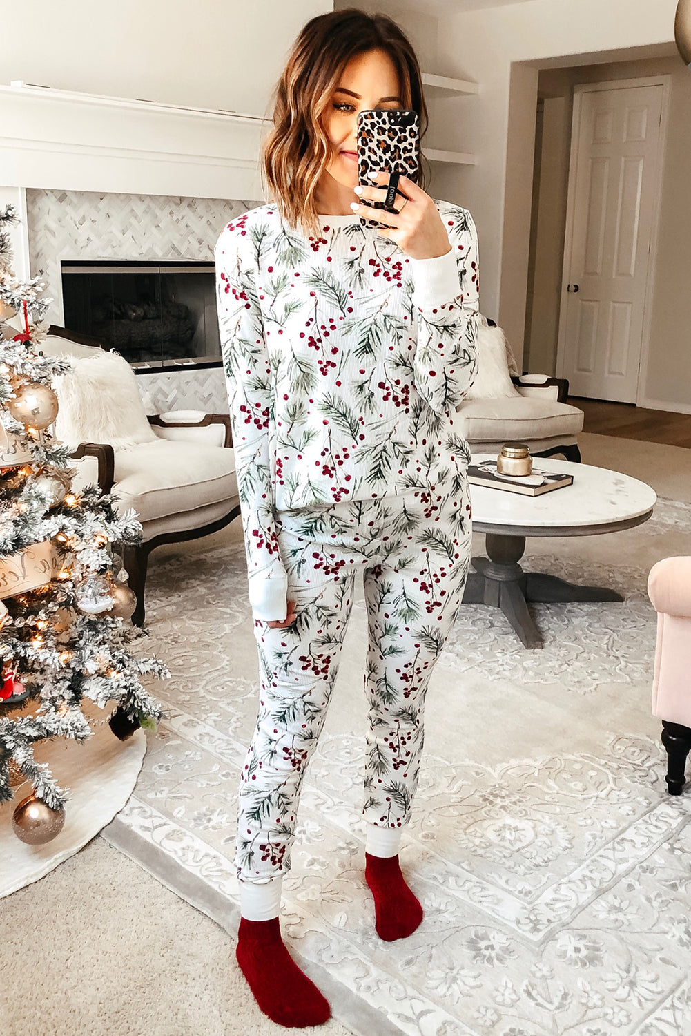 KaleaBoutique Stylish Holly Print Thermal Pullover Pants Lounge Set - KaleaBoutique.com
