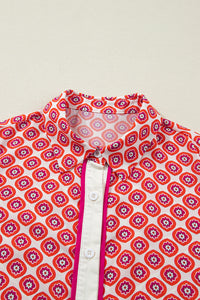 KaleaBoutique Stylish Geometric Floral Print Color Block Trim Button Front Ruffle Hem Dress - KaleaBoutique.com