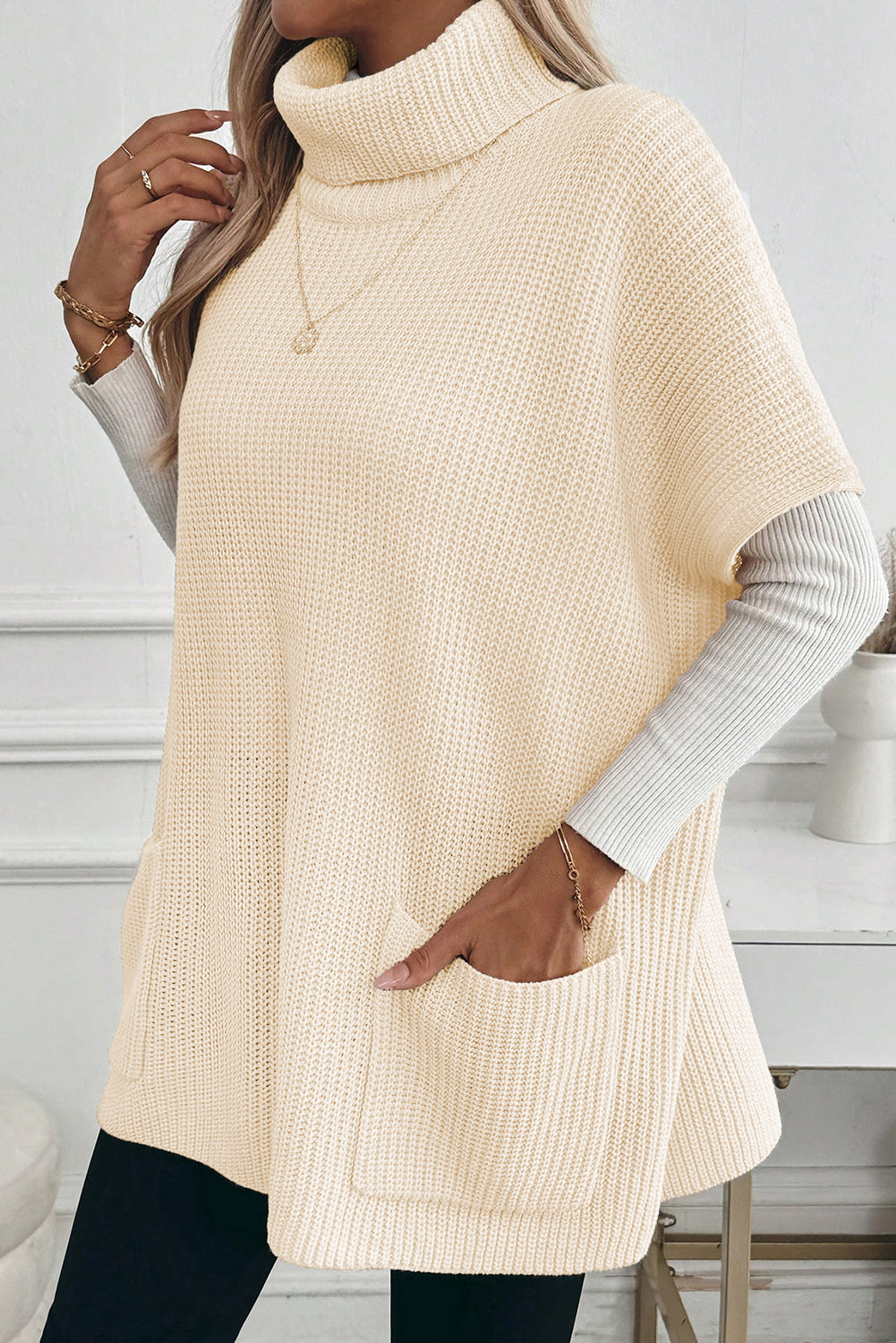 KaleaBoutique Comfortable Plain Knit Casual Turtleneck Short Sleeve Tunic Sweater with Pockets - KaleaBoutique.com