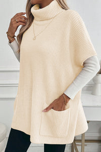 KaleaBoutique Comfortable Plain Knit Casual Turtleneck Short Sleeve Tunic Sweater with Pockets - KaleaBoutique.com