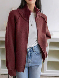 Women's Full-Zip Ribbed-Collar Tight Knit Cardigan - KaleaBoutique.com