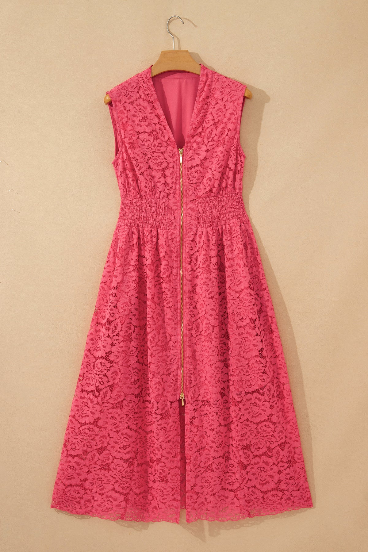 KaleaBoutique Stylish Floral Lace Overlay Zip Up V Neck Smocked Waist Sleeveless Dress - KaleaBoutique.com