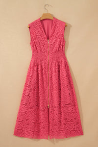 KaleaBoutique Stylish Floral Lace Overlay Zip Up V Neck Smocked Waist Sleeveless Dress - KaleaBoutique.com