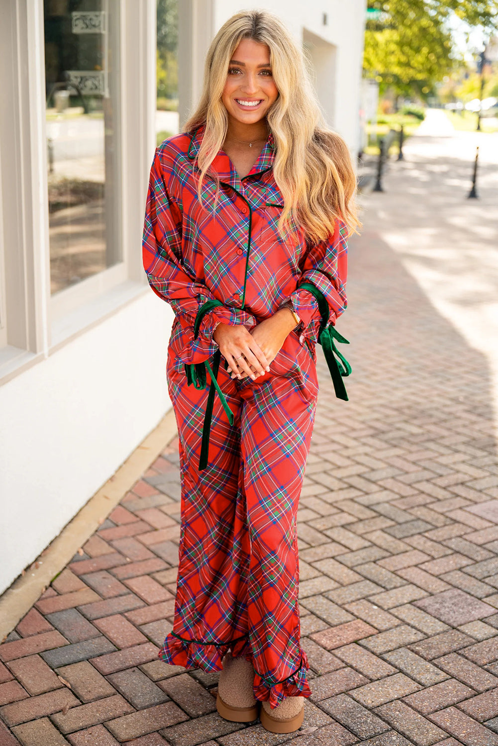 KaleaBoutique Comfortable Christmas Plaid Satin Pajama Set with Contrast Velvet Ties - KaleaBoutique.com