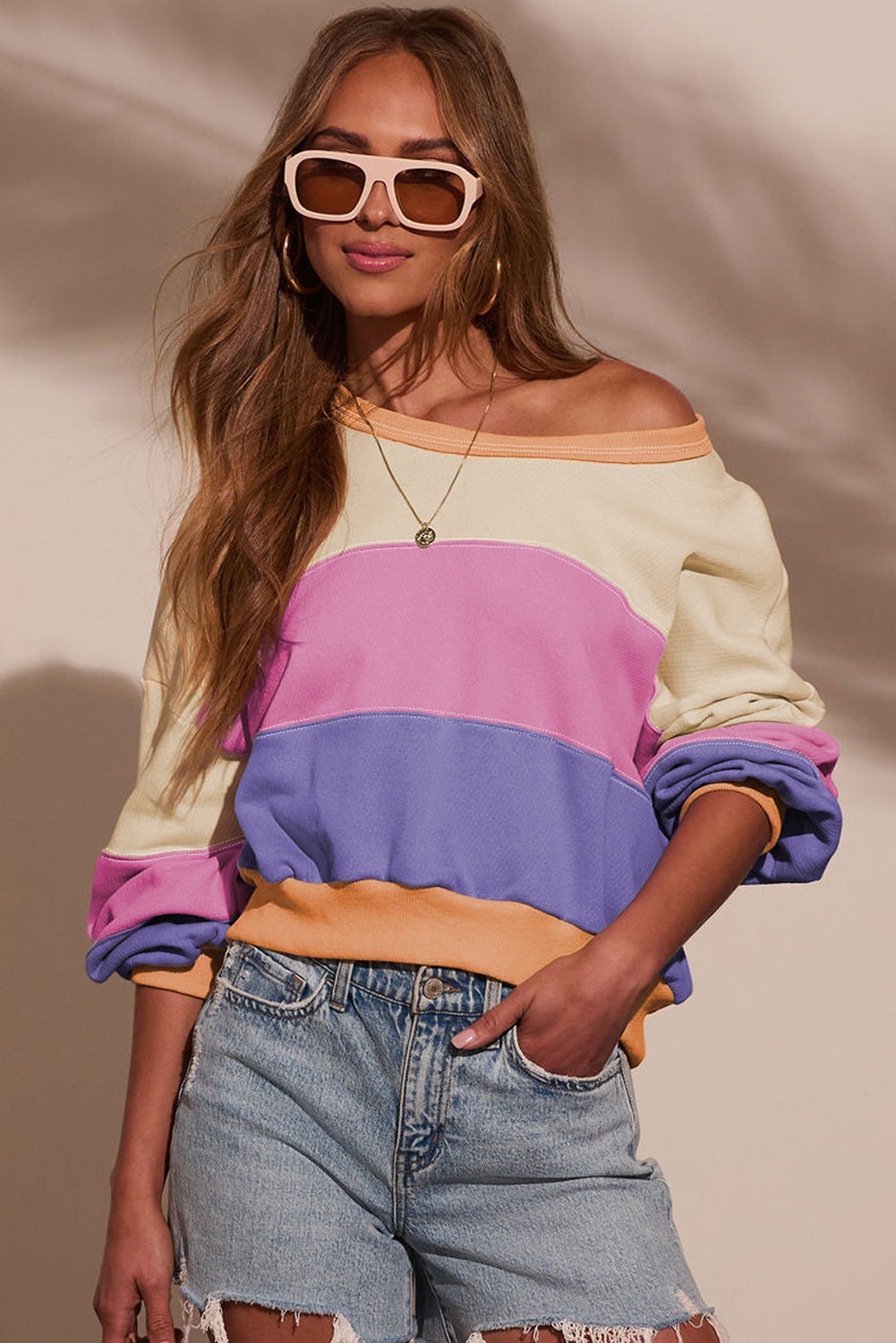 KaleaBoutique Stylish Color Block Patchwork Drop Shoulder Cropped Sweatshirt - KaleaBoutique.com