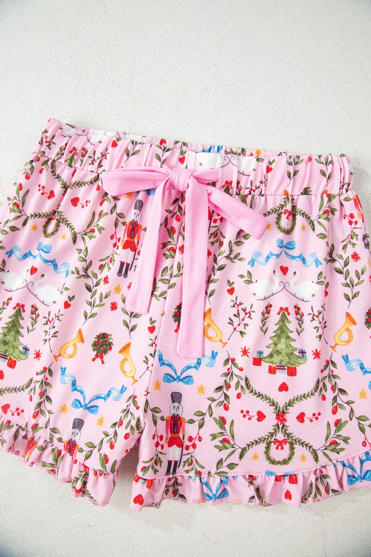 KaleaBoutique Comfortable Nutcracker Doll Christmas Print Ribbon Tie Waist Short 2pcs Pajama Set - KaleaBoutique.com
