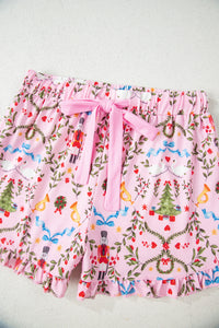 KaleaBoutique Comfortable Nutcracker Doll Christmas Print Ribbon Tie Waist Short 2pcs Pajama Set - KaleaBoutique.com