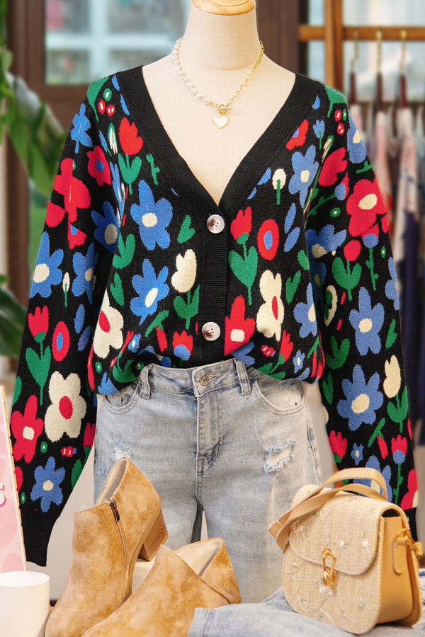 KaleaBoutique Stylish Floral Print V Neck Buttoned Short Cardigan Sweater - KaleaBoutique.com