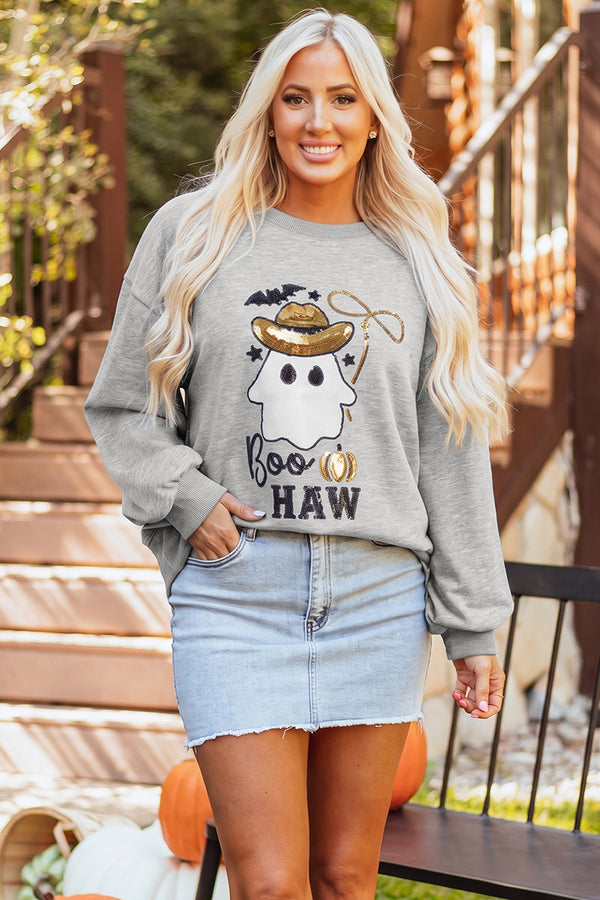 KaleaBoutique Stylish Sequin Western Ghost Print Long Sleeve Round Neck Sweatshirt - KaleaBoutique.com