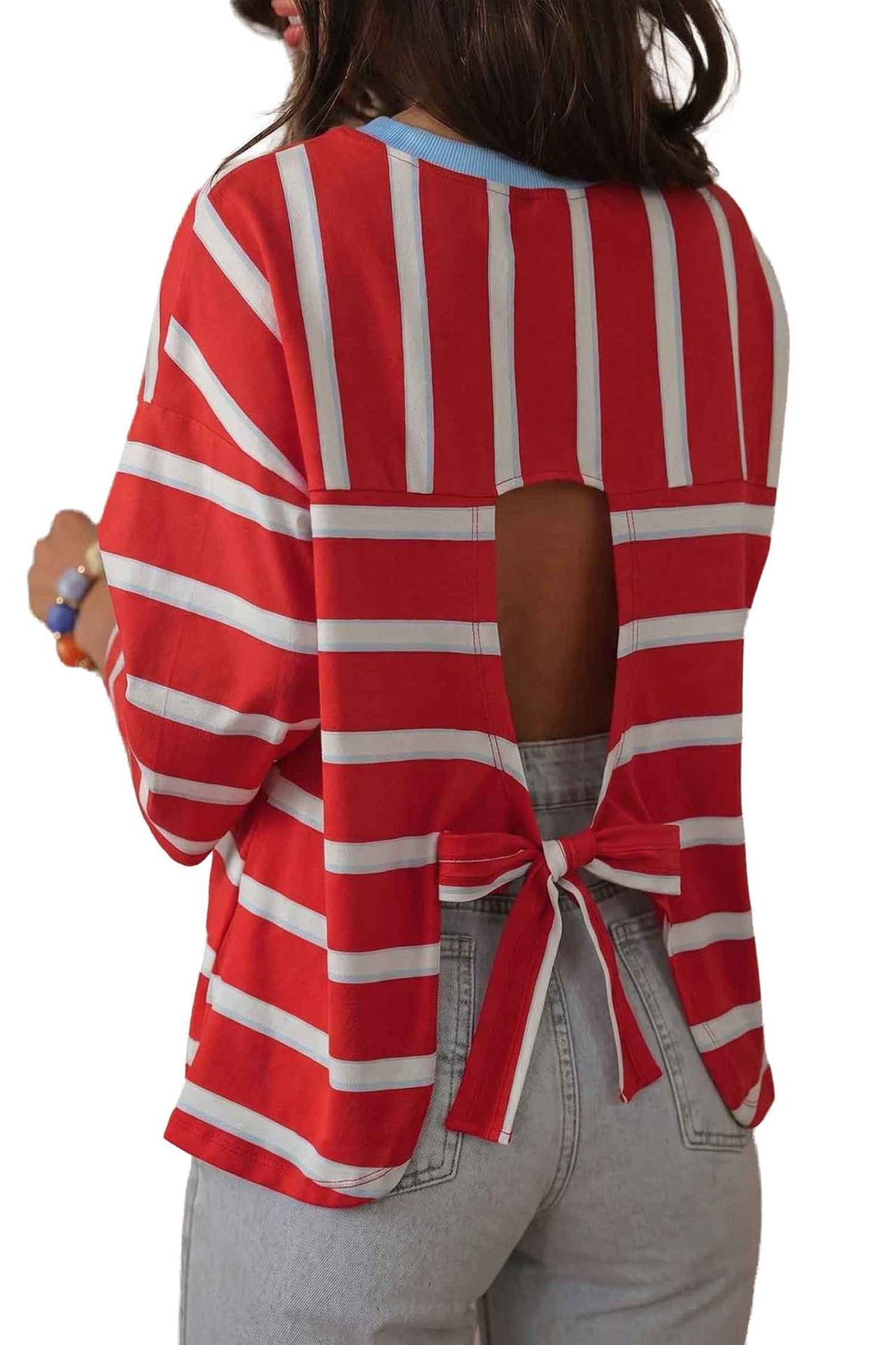 Women’s Red Striped Cotton Lace-Up Blouse - KaleaBoutique.com