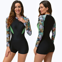 Women's Tropical Print Long-Sleeve Zip-Front Boyleg One-Piece Swimsuit - KaleaBoutique.com