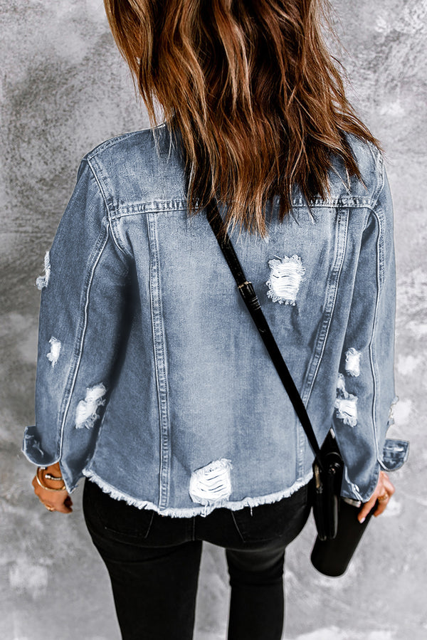 KaleaBoutieque Chic Lapel Distressed Raw Hem Buttons Denim Jacket - KaleaBoutique.com