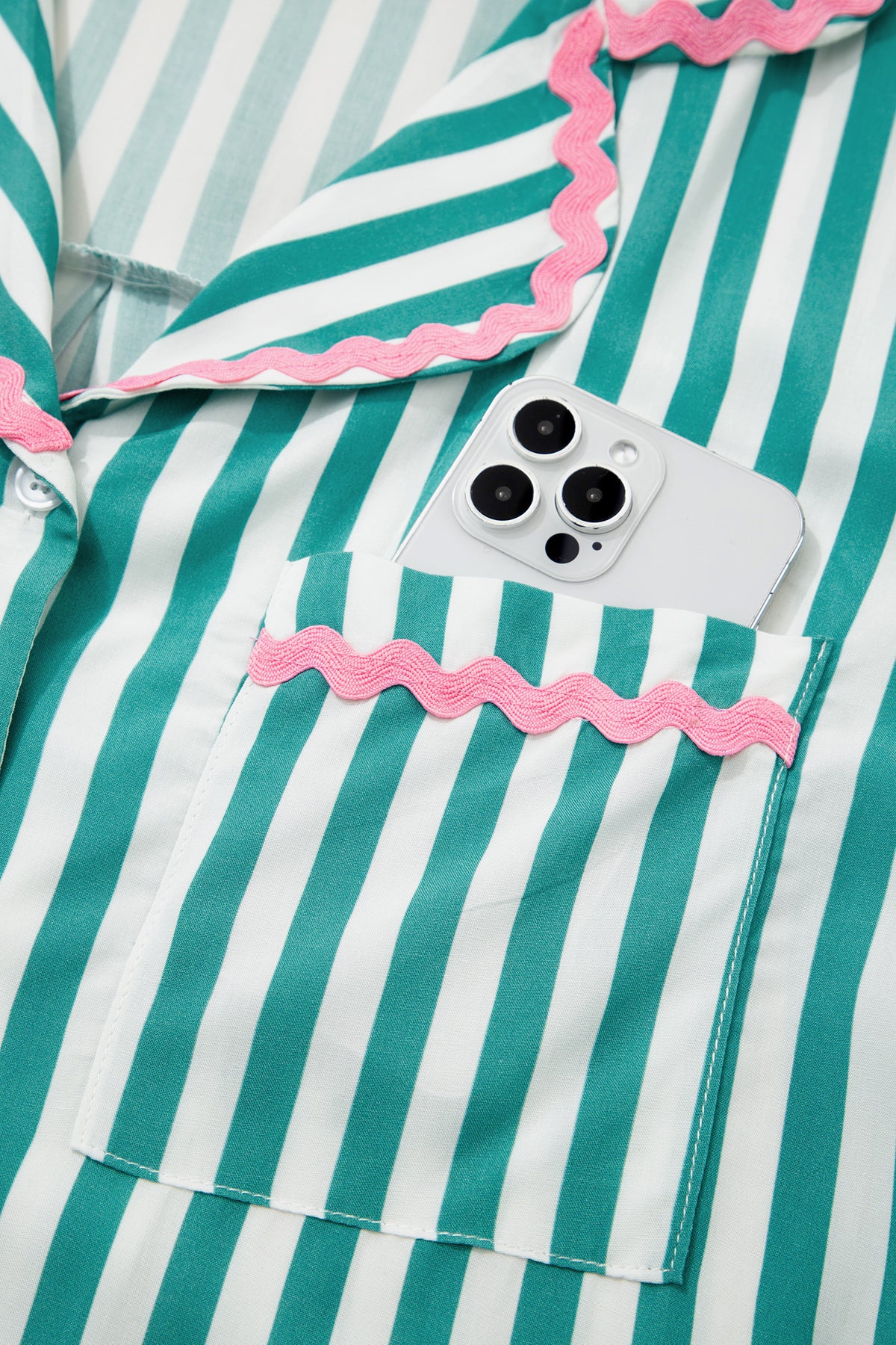 KaleaBoutique Stylish Contrast Ricrac Trim Long Sleeve Shirt Drawstring Ruffled Pajama Short Set - KaleaBoutique.com
