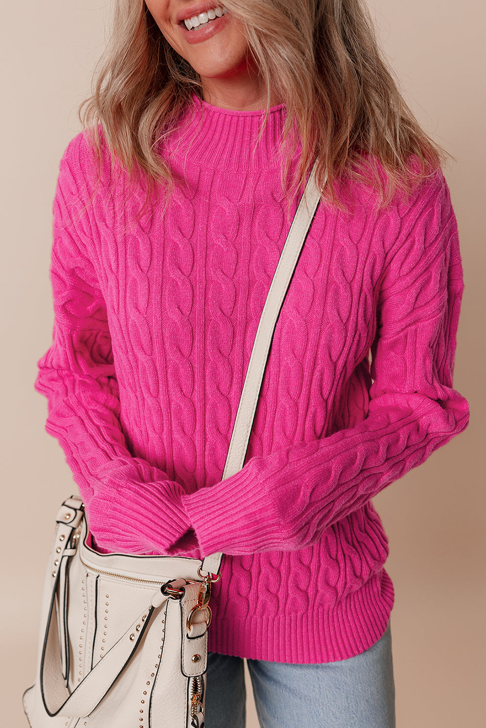 KaleaBoutique Solid Cable Knit High Neck Drop Shoulder Sweater - KaleaBoutique.com