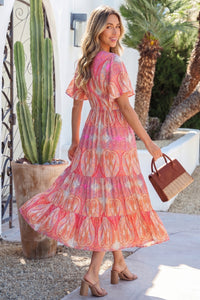 KaleaBoutique Comfortable Paisley Print V-Neck Short Sleeve Boho Maxi Dress with Ruffle Details - KaleaBoutique.com