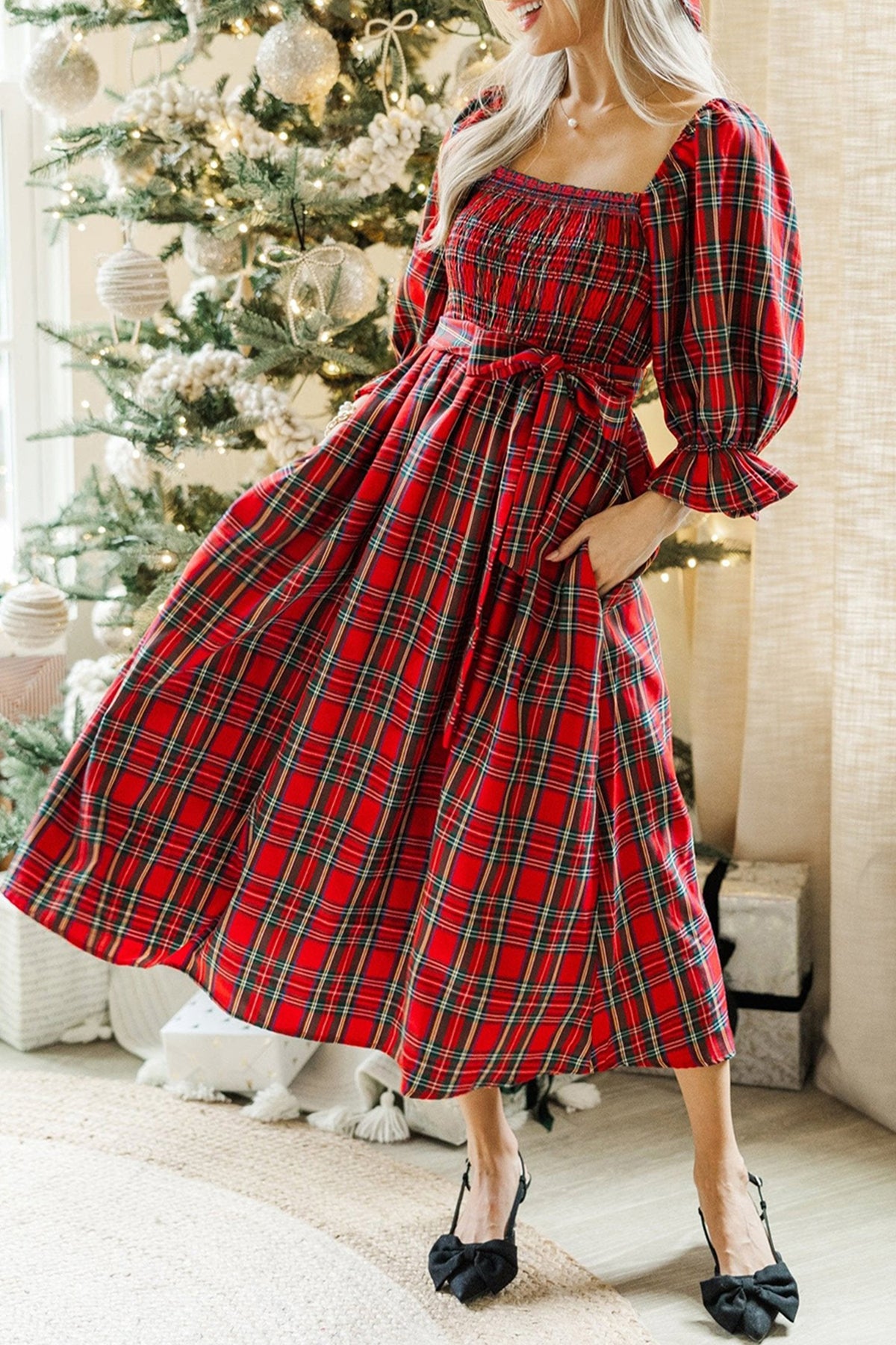 KaleaBoutique Stylish Plaid Square Neck Puff Sleeve Knot Waist Flared Midi Dress - KaleaBoutique.com